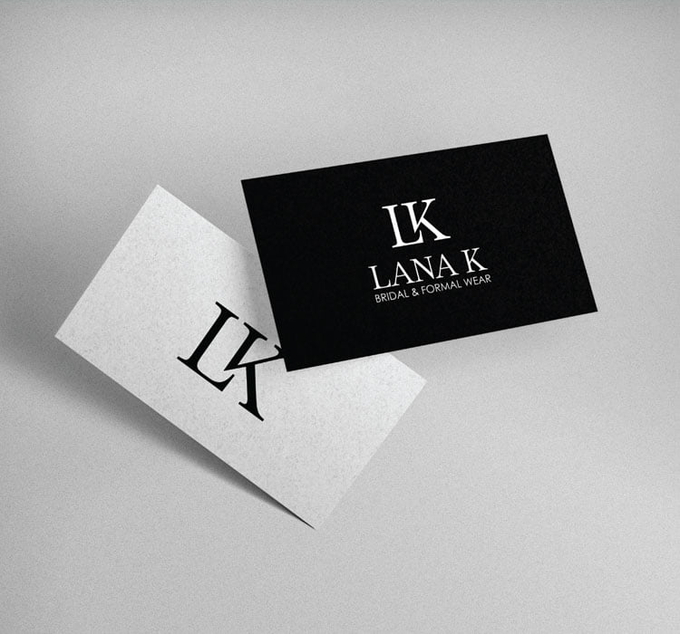 Business card design for Lanak Bridal & Formal Wear, professional branding for wedding attire.