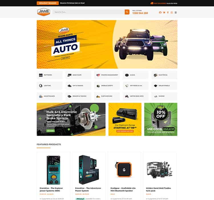 Auto parts store website homepage showcasing various automotive products and accessories for cars.
