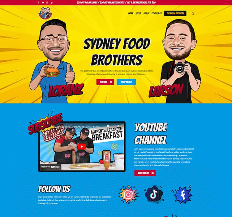 Bright cartoon illustration of two brothers promoting Sydney food and YouTube channels, with bold text and vibrant colors.
